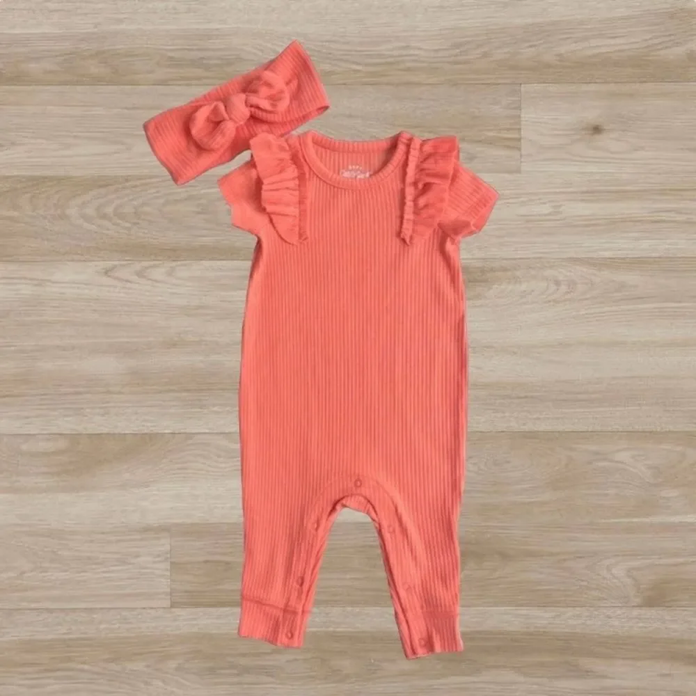 Baby Cat and Jack Girl's‎ Orange Ribbed Romper with Matching Bow 0-3 months